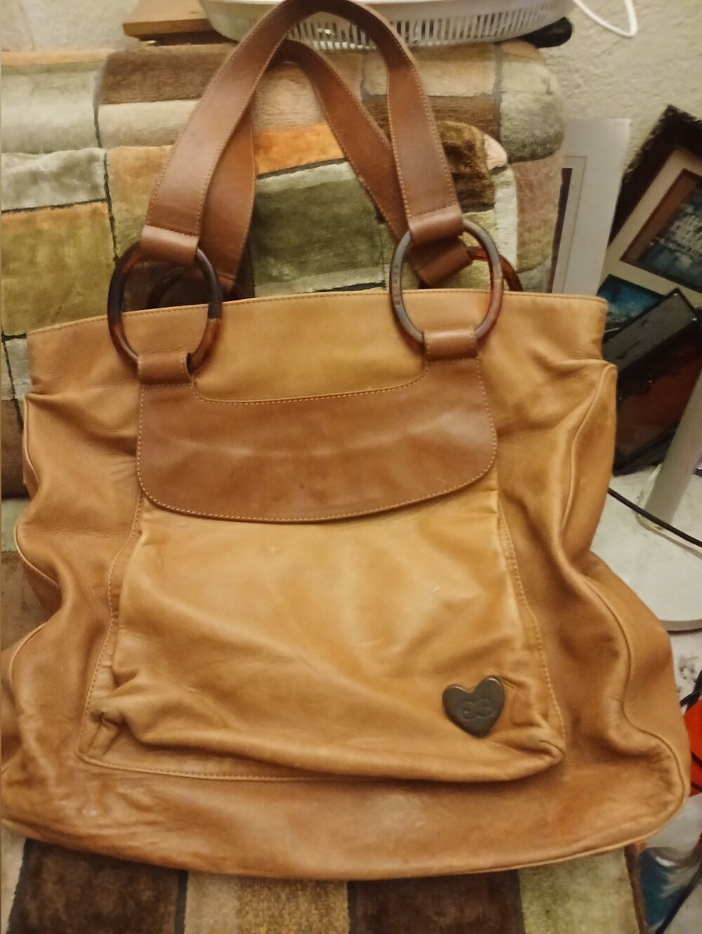 Leather Tote Bag in Tan - Heart Accent